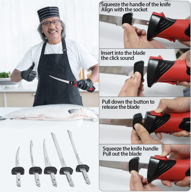 Mershca Cordless Electric Fillet Knife, with 5 Ti-Nitride S.S. Coated Non-Stick Reciprocating Blades & Cooling Hole Non-Slip Grip Handle & Practical handbag, Rechargeable Electric Knife for Fishing - Image 5